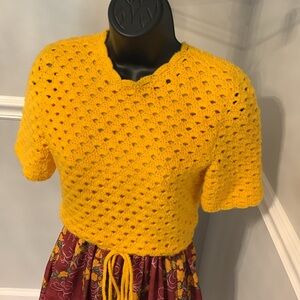 Vintage Handmade Crochet Top Printed Maxi Dress with Shawl Size S